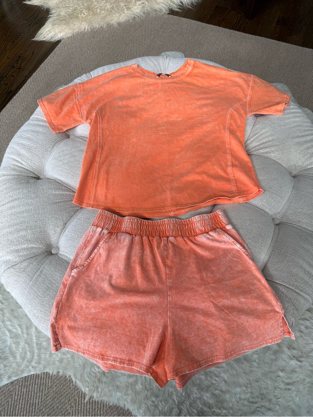 Zenana Women's Orange Mineral-Wash Lounge Set please note fit is like a medium